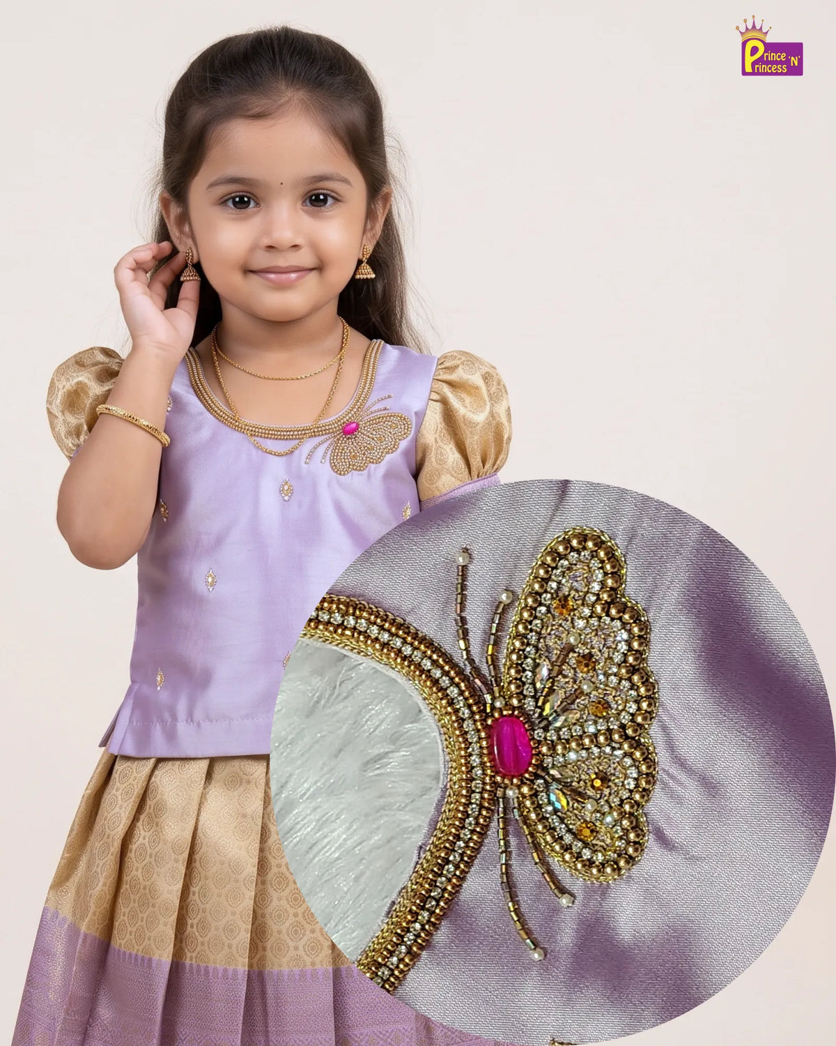 Girls Lavender & Gold Butterfly Pattu Pavadai Set for Diwali PPP2182