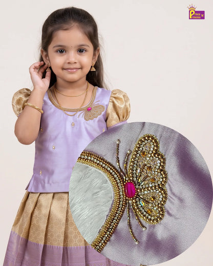 Girls Lavender & Gold Butterfly Pattu Pavadai Set for Diwali PPP2182