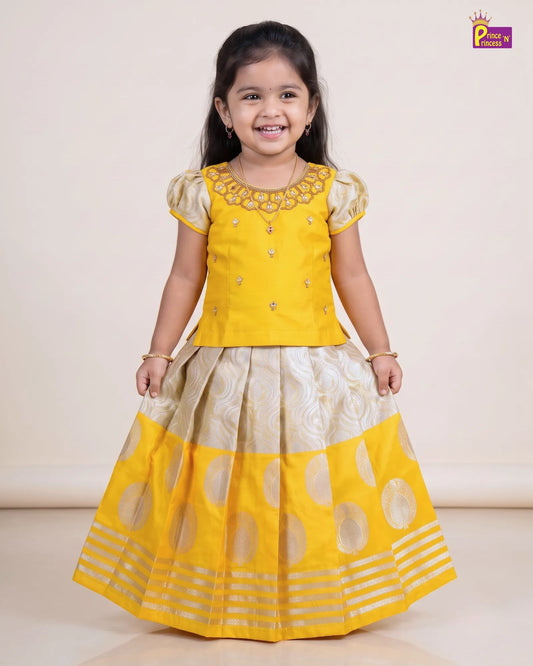Kids Yellow Traditional Aari Pattupavadai PPP1949