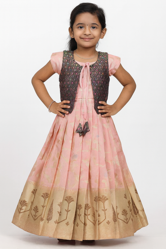 Kids Traditional Peach with Blue Coat Gown PG503