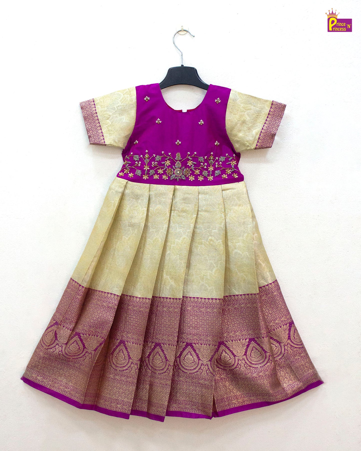 Kids Traditional Pink With Halfwhite Aari Work Long gown PG578