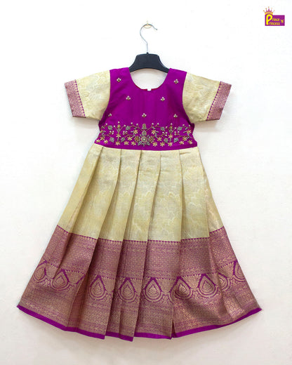 Kids Traditional Pink With Halfwhite Aari Work Long gown PG578