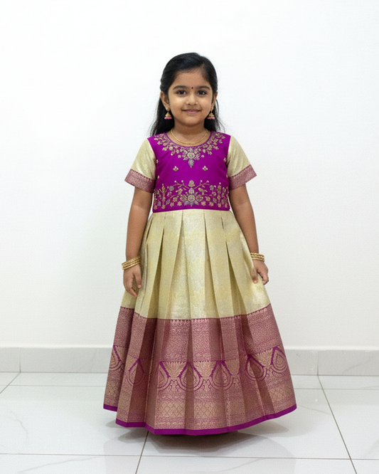 Kids Traditional Pink With Halfwhite Aari Work Long gown PG578