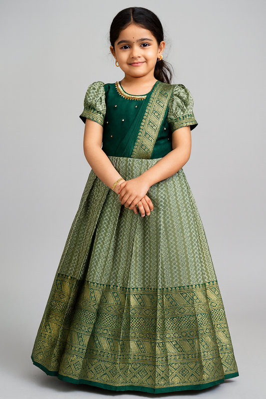Kids Dark Green Aari work Traditional Gown PG588