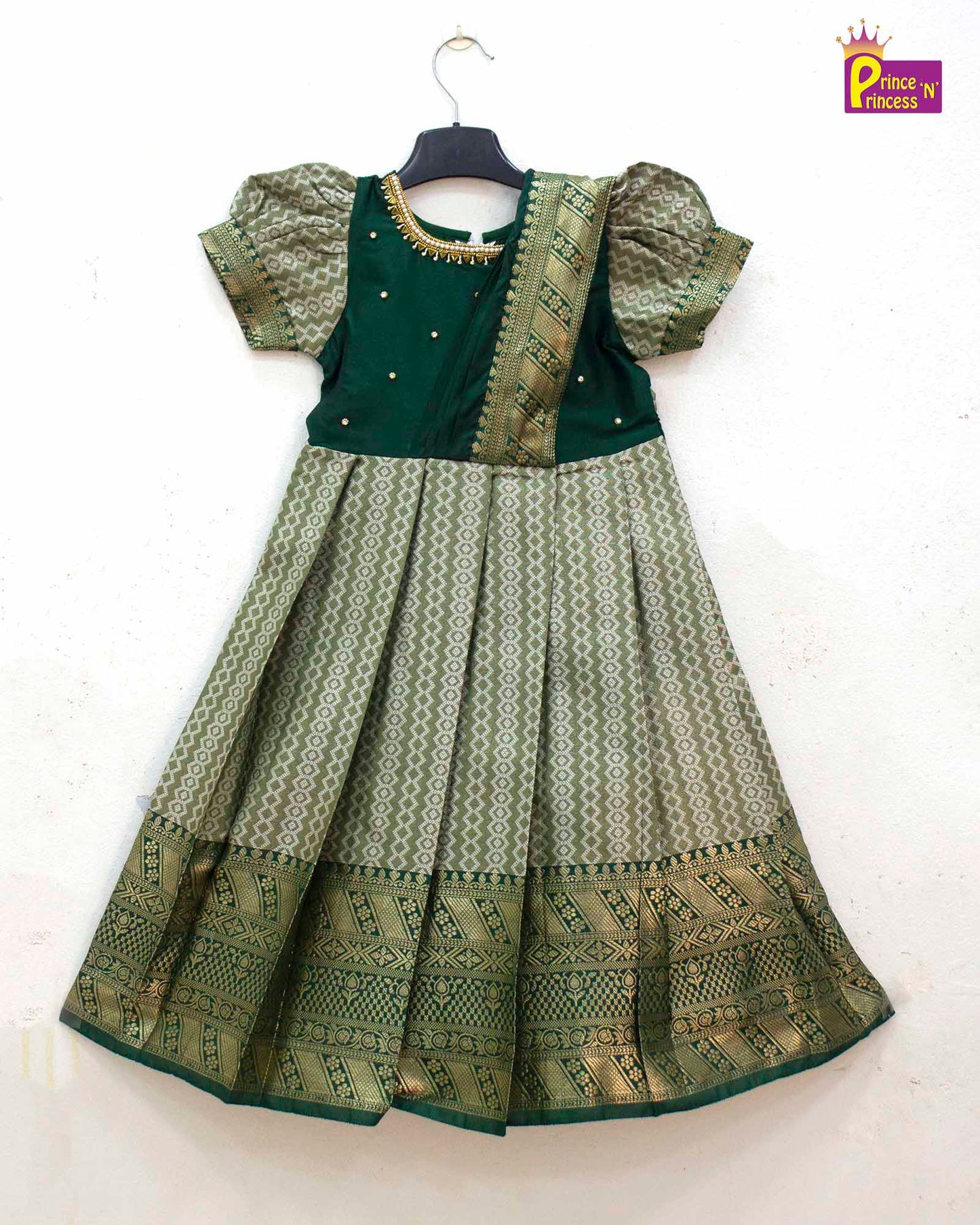 Kids Dark Green Aari work Traditional Gown PG588