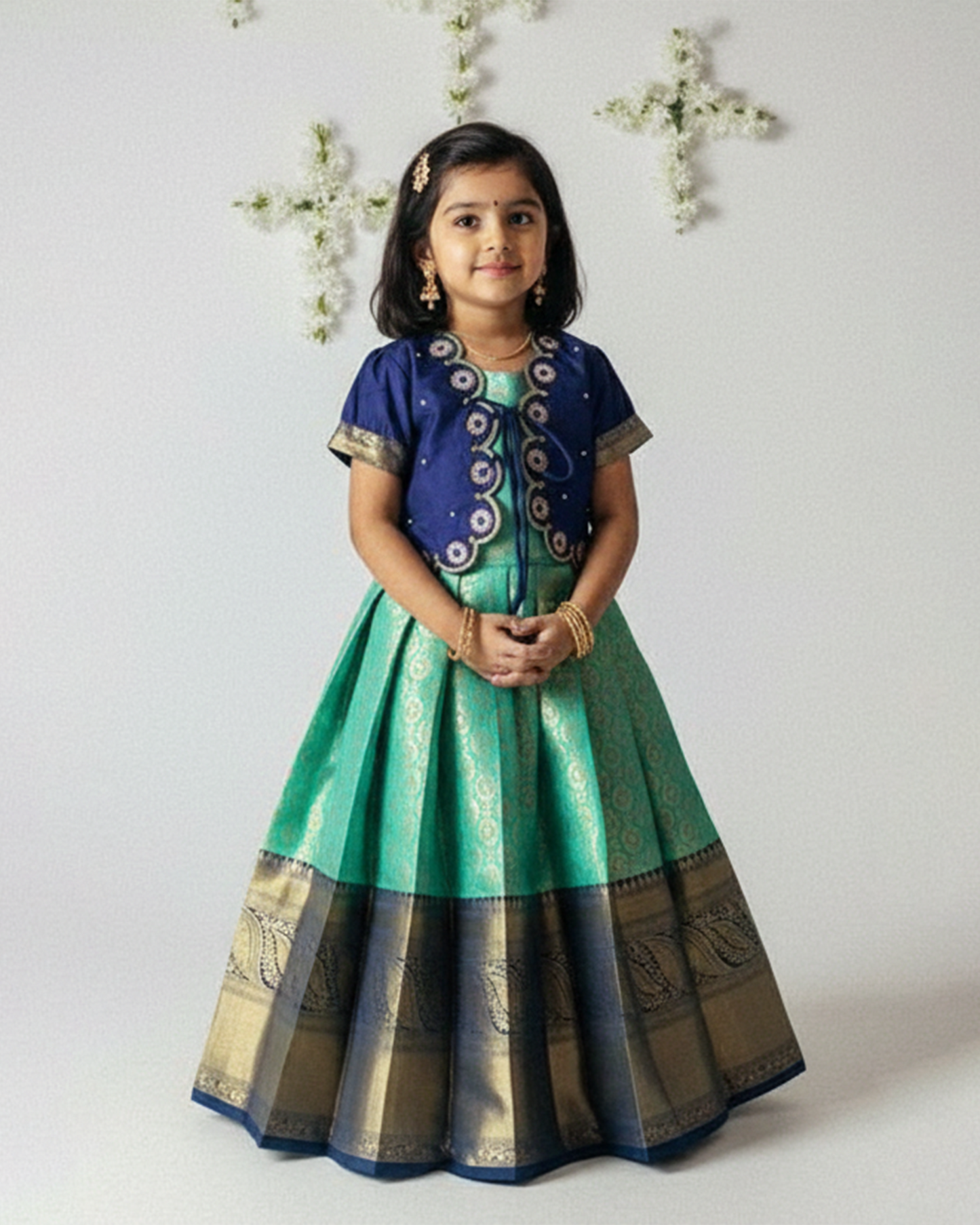 Kids Pepsi Blue with Rama Blue Traditional Coat Type Aari Work Long gown PG628