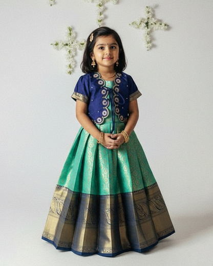 Kids Pepsi Blue with Rama Blue Traditional Coat Type Aari Work Long gown PG628