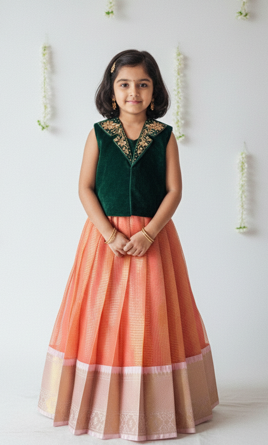 Kids Green with Orange Aari work Traditional Coat Gown PG629