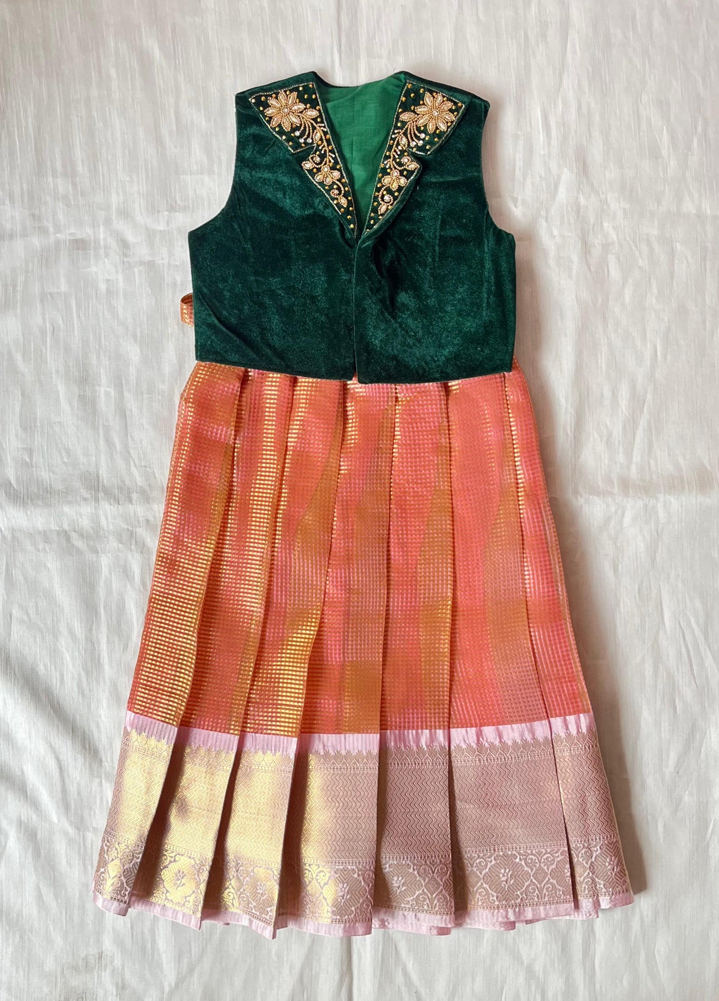 Kids Green with Orange Aari work Traditional Coat Gown PG629