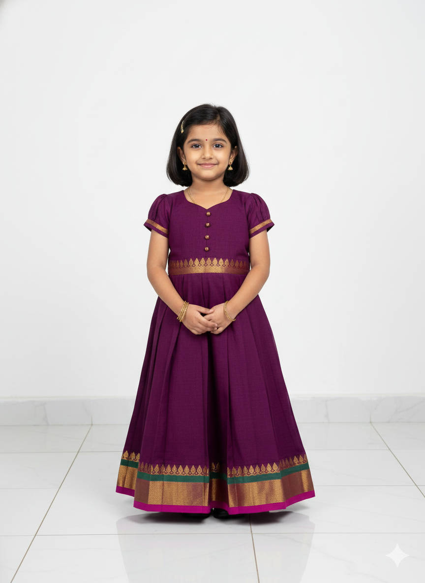 Kids Dark Purple Chettinad Cotton Gown PG641