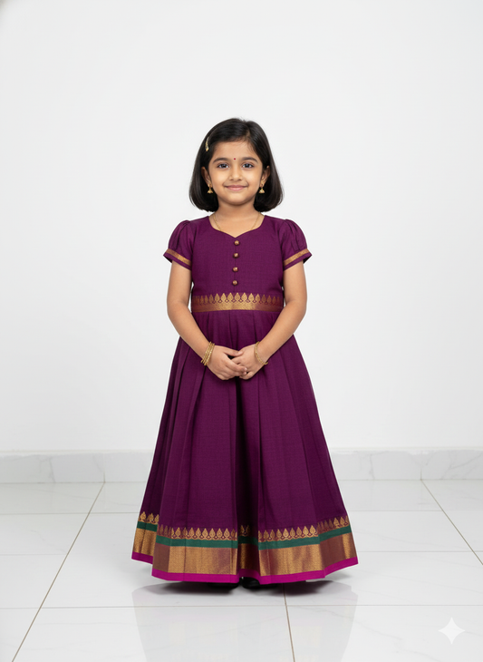 Kids Dark Purple Chettinad Cotton Gown PG641