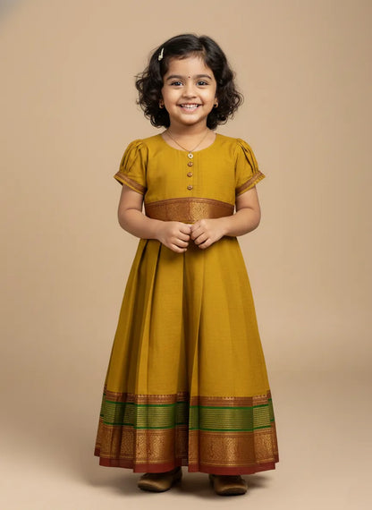 Kids Mustard Chettinad Cotton Gown PG658