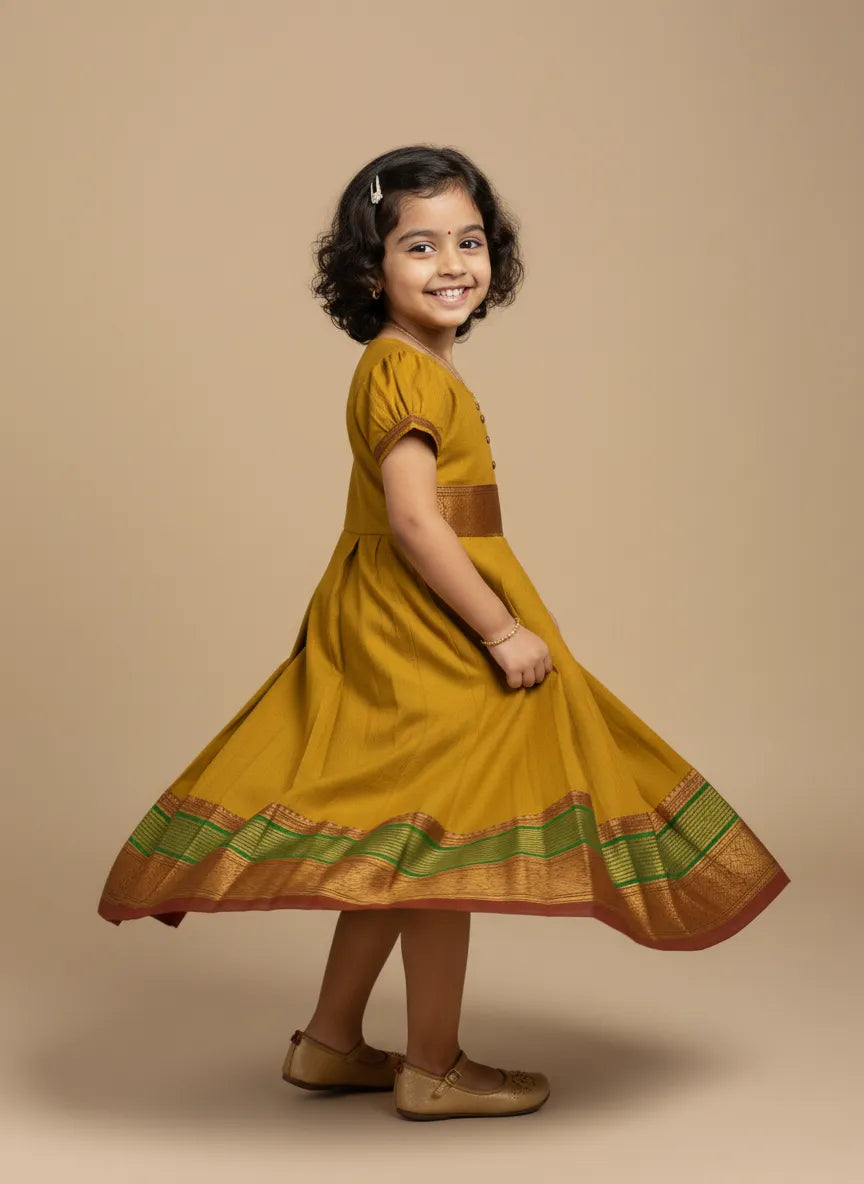Kids Mustard Chettinad Cotton Gown PG658