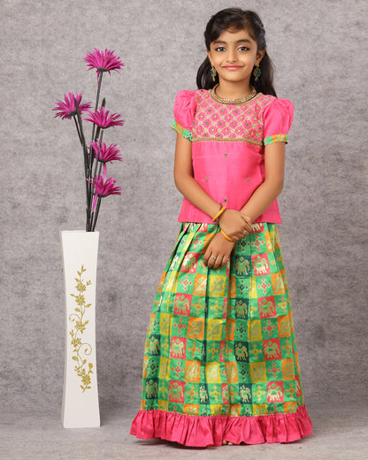 Kids Pink Green Multi Colour Heavy AARI Work Traditional Pattu Pavadai  PPP1013