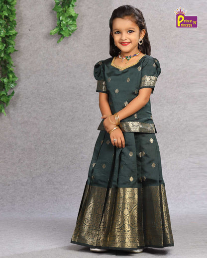 Kids Dark Green  Big Border Traditional Pattu Pavadai PPP1103