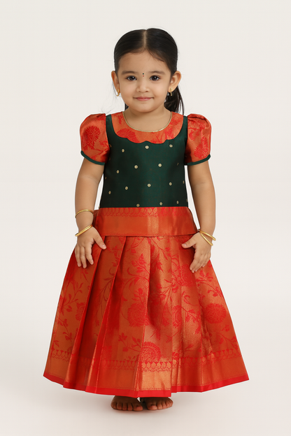 Kids Green With Red  Traditional Pattupavadai PPP1422