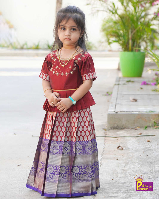 Kids Maroon Traditional Aari work Pattu Pavadai PPP1458