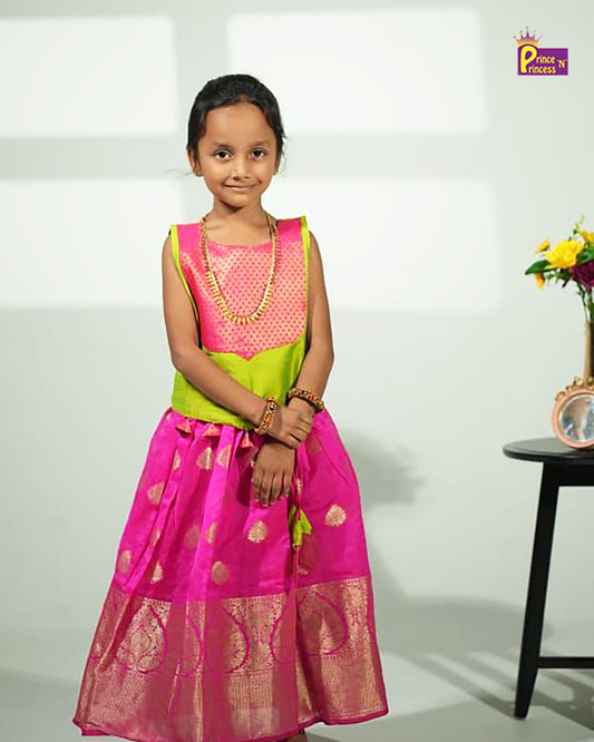 Kids Pink With Green Traditional Pattupavadai PPP1531