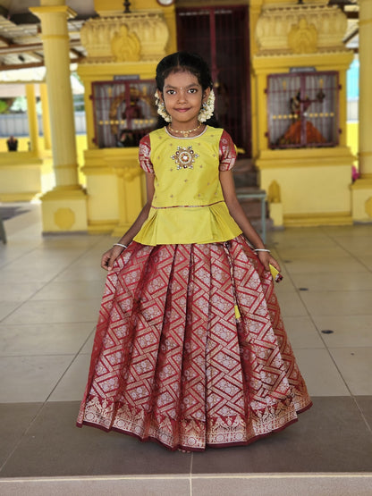 Kids Light Green and Maroon Aari work Pattu Pavadai PPP1535