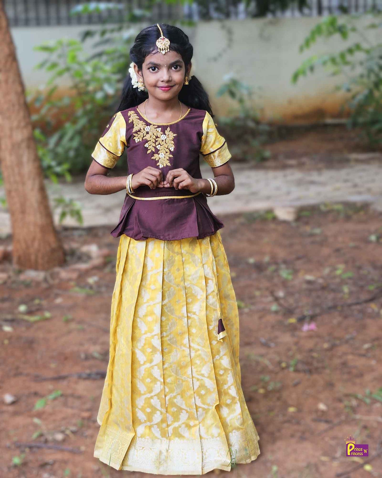 Kids Yellow and Coffee brown Pattu Pavadai PPP1541