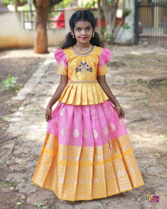 Kids Yellow Top With AARI Work Pattu Pavadai PPP1563