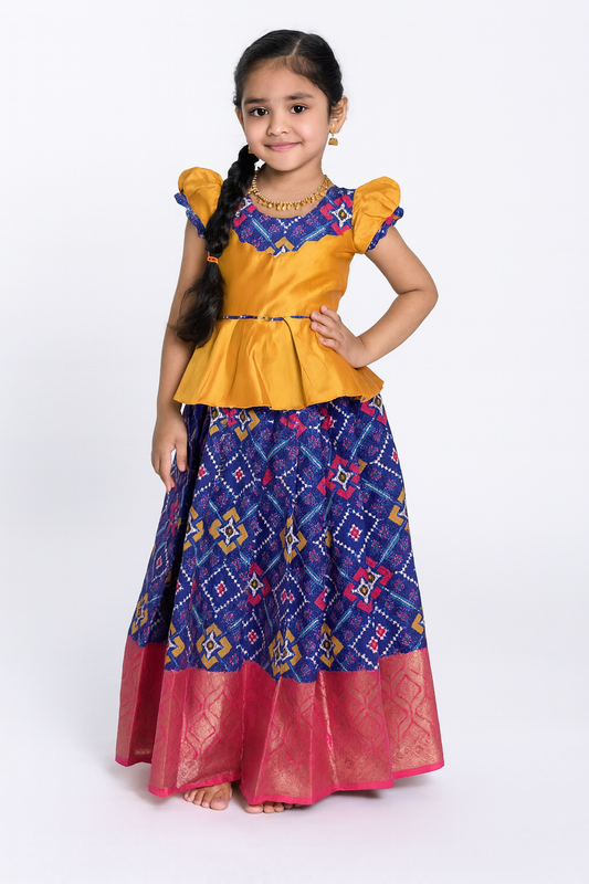 Kids Yellow With Navy Blue Traditional Pattupavadai PPP1592