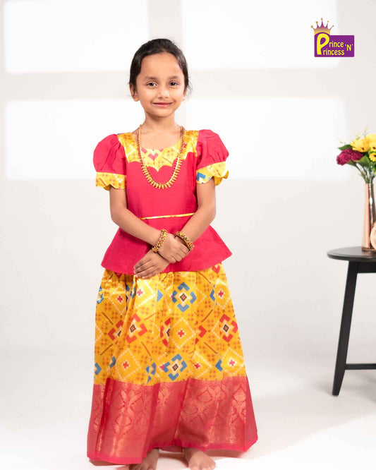 Kids Yellow With Pink Traditional Pattupavadai PPP1593