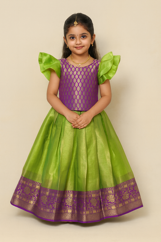 Kids Purple With Green Traditional Pattupavadai PPP1615