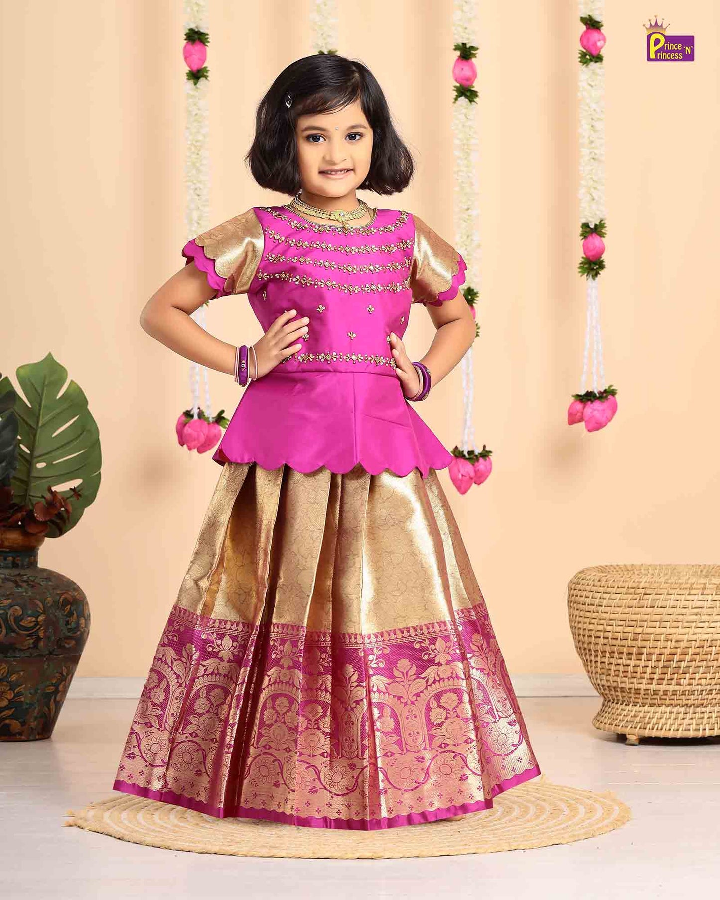 Kids Magenta with Golden Traditional Aari Pattupavadai PPP1693