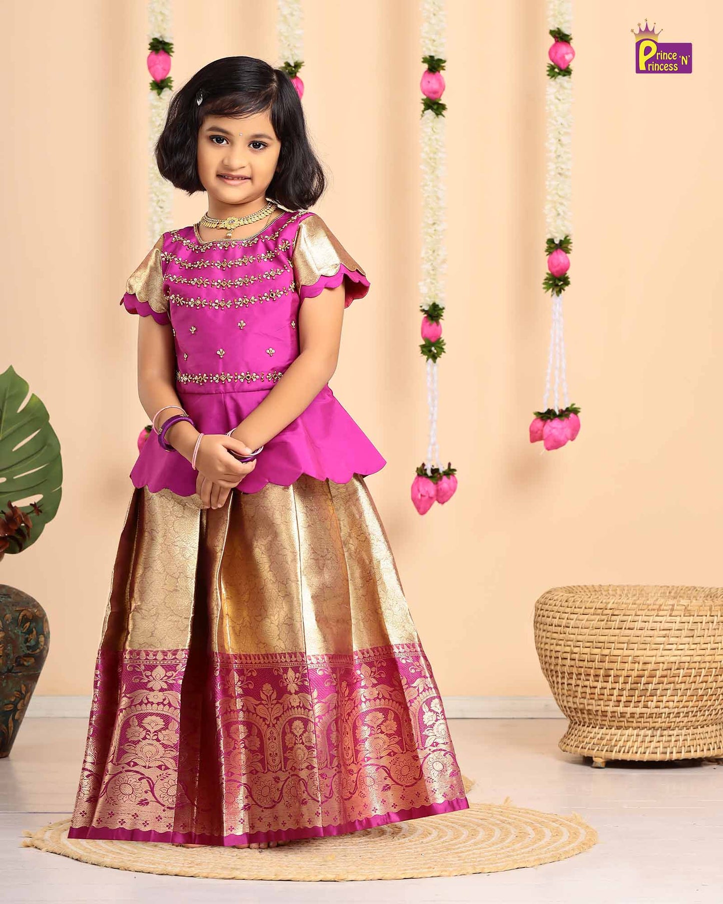 Kids Magenta with Golden Traditional Aari Pattupavadai PPP1693