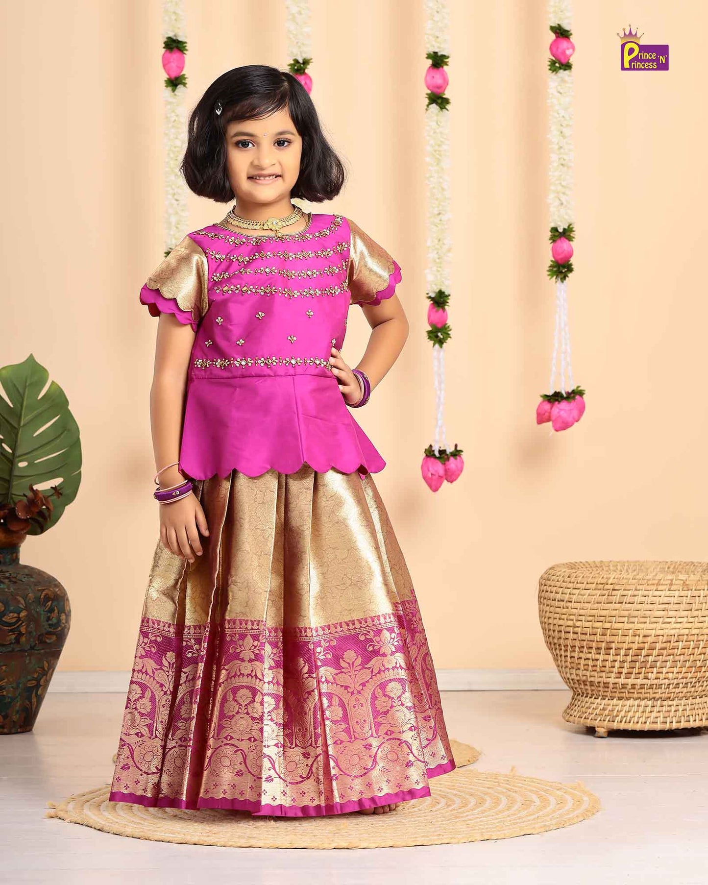 Kids Magenta with Golden Traditional Aari Pattupavadai PPP1693