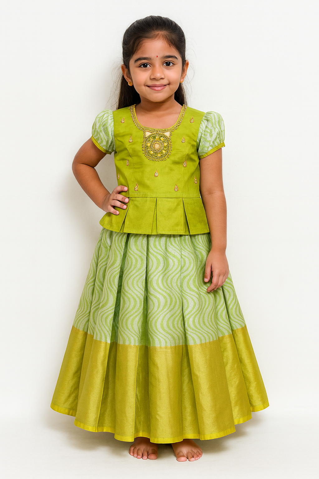 Kids Light Green Traditional Aari Pattupavadai PPP1791