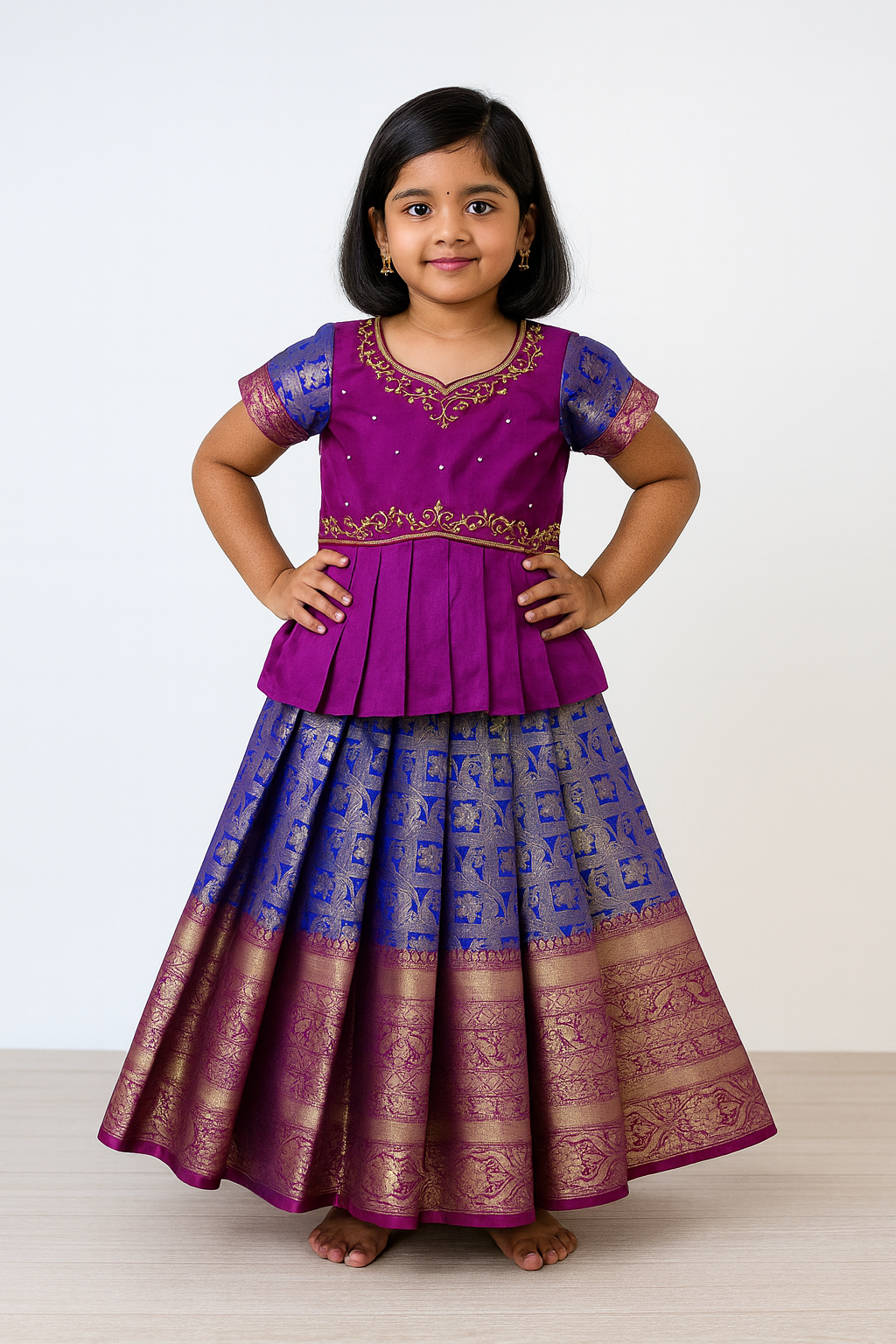Kids Purple Blue Traditional Aari Pattupavadai PPP1801