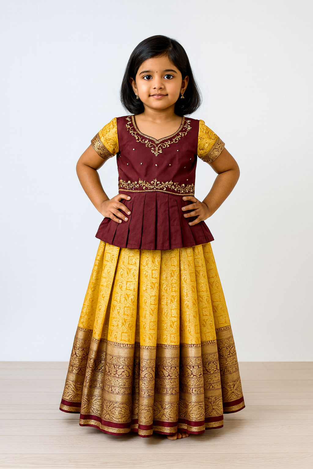 Kids Maroon Yellow Traditional Aari Pattupavadai PPP1803