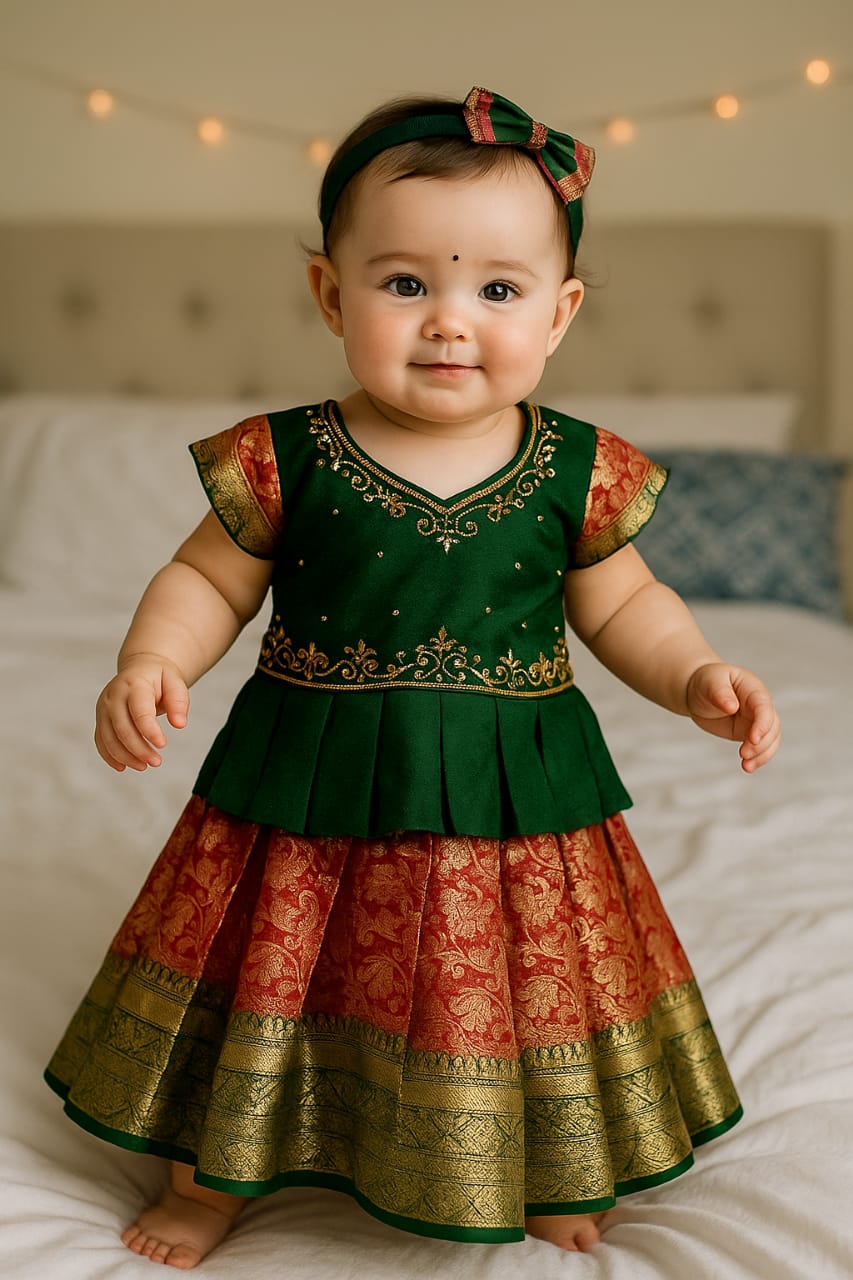 Kids Green Red Traditional Aari Pattupavadai PPP1804