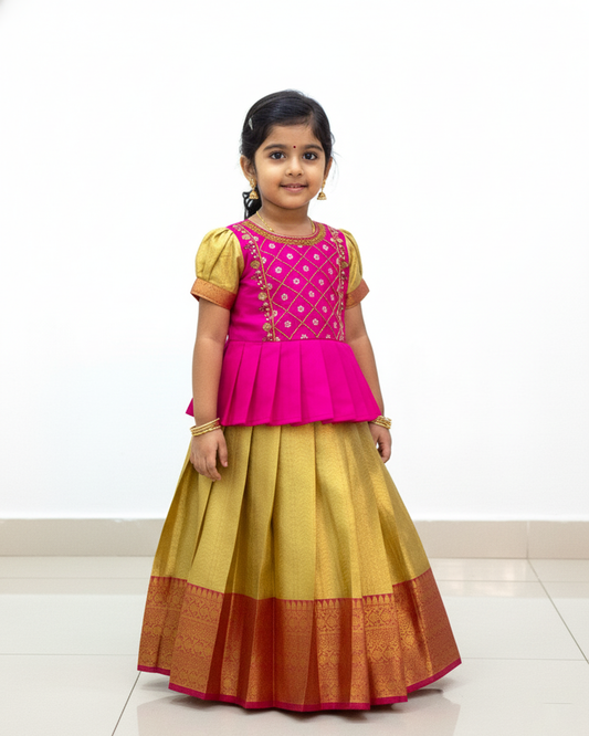Kids Pink With Golden Yellow Traditional Pattupavadai PPP1833