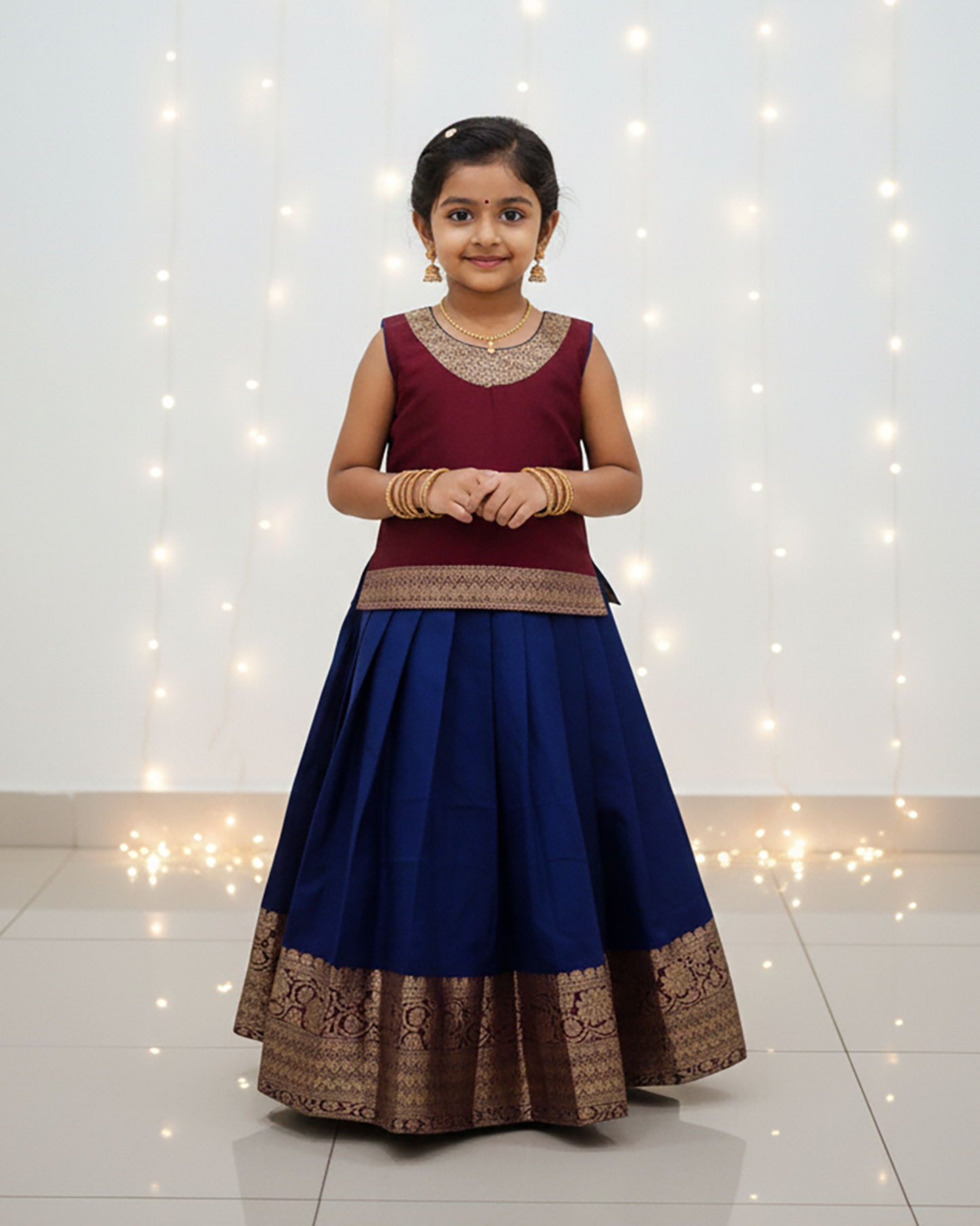 Kids Maroon Navy Blue Traditional Pattupavadai PPP1845