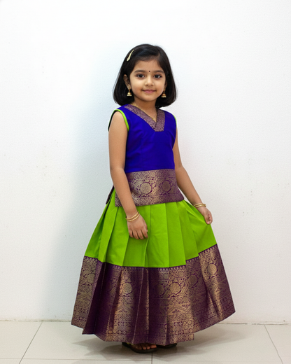 Kids Blue Light Green Traditional Pattupavadai PPP1854