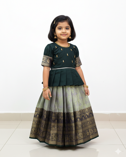 Kids Dark Green Traditional Aari Work Pattupavadai PPP1860