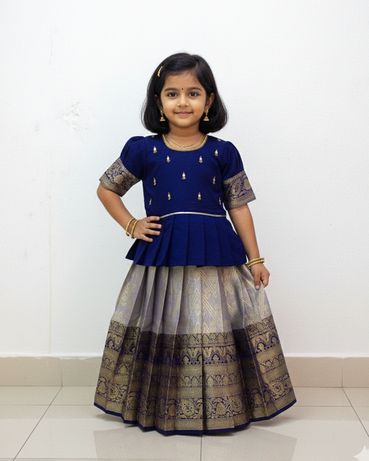 Kids Dark Blue Traditional Aari Work Pattupavadai PPP1861