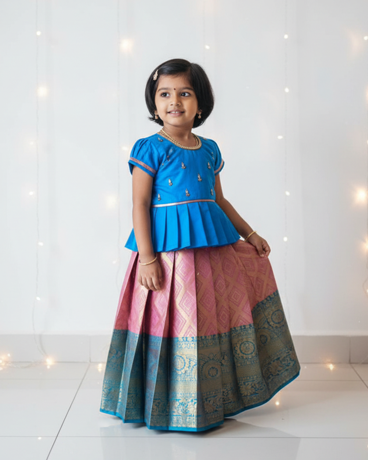 Young girl wearing a blue top and pink and green skirt on a white background