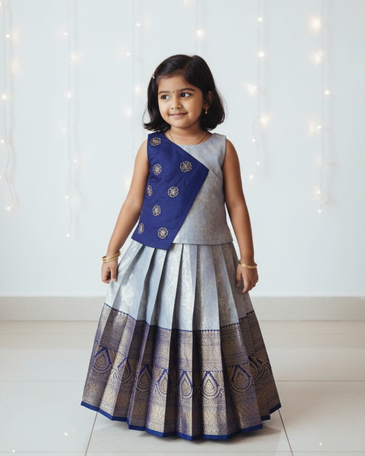 Kids Dark Navy Blue With Silvery Blue Traditional Aari Work Pattupavadai PPP1926