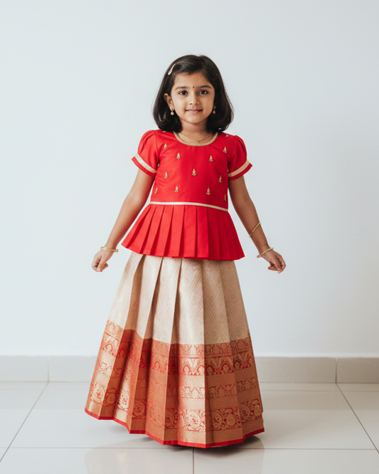 Kids Red Traditional Aari Work Pattupavadai PPP1928