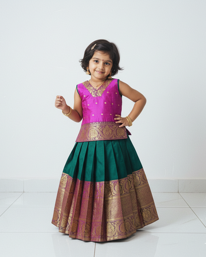 Kids Purple Dark Green Traditional Pattupavadai PPP1930