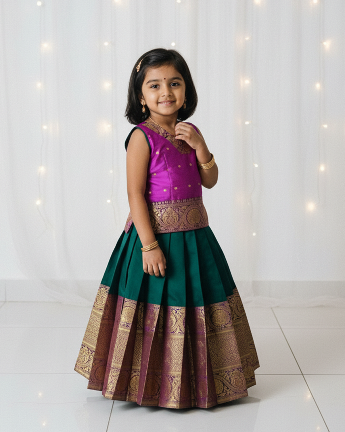 Kids Purple Dark Green Traditional Pattupavadai PPP1930
