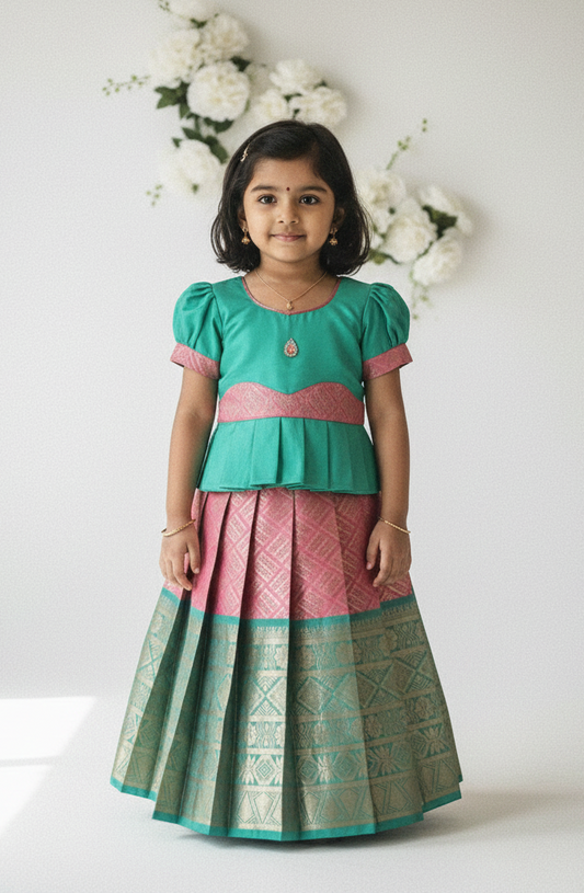 Kids Rama Green with Pink Traditional Aari Pattupavadai PPP1948