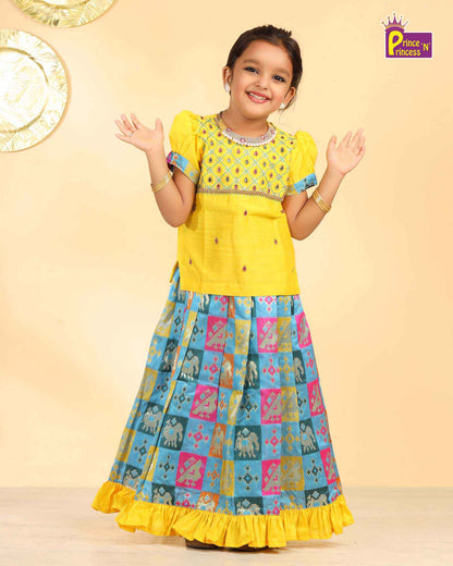 Kids Yellow Top With Blue Multi Color AARI Work  Traditional Pattu Pavadai PPP935