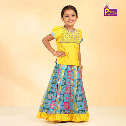 Kids Yellow Top With Blue Multi Color AARI Work  Traditional Pattu Pavadai PPP935