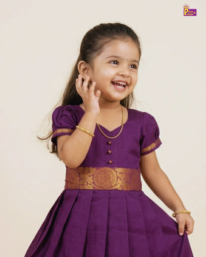 Girls Chettinad Pattu Gown – Royal Purple Cotton Chettinad Dress with Gold Temple Zari Border PG717