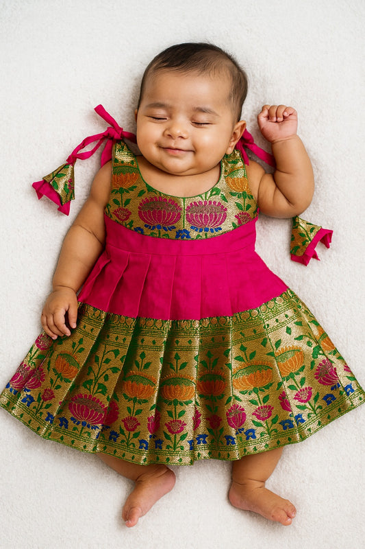 New Born Pink With Green Raw Silk Frock LF1587